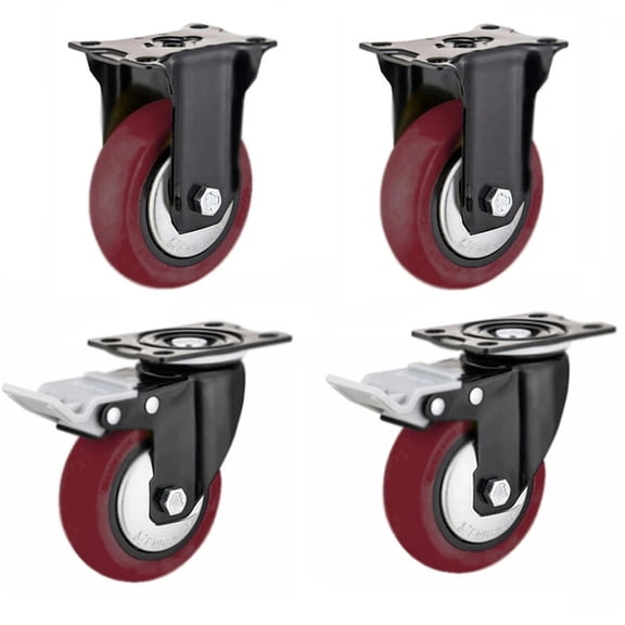 Hex Autoparts 2 Fixed Direction + 2 Total Brake 5 Inch Caster Wheels Swivel Plate Polyurethane Wheels 360 Degree Rotating Red