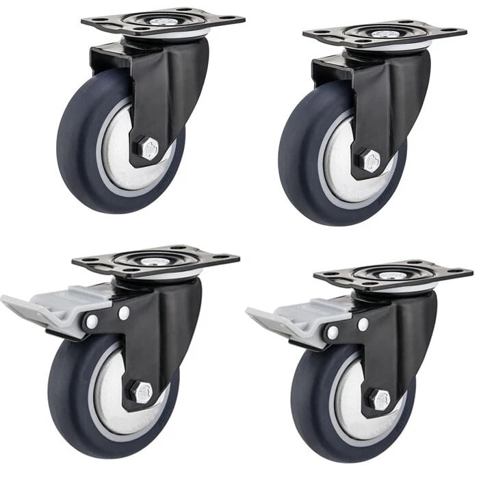 Hex Autoparts Black 2 Swivel & 2 Brake Caster Wheels 3" Swivel Plate Polyurethane Wheels
