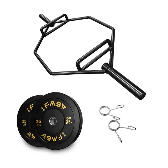 Hex Bar Weights Set Trap Bar Bumper 35lb Weight Plates Set for Deadlift Weightlifting Bodybuilding - 2 Inch Hexagon Trap Bar with Weights for Exercise & Fitness Home Gyms