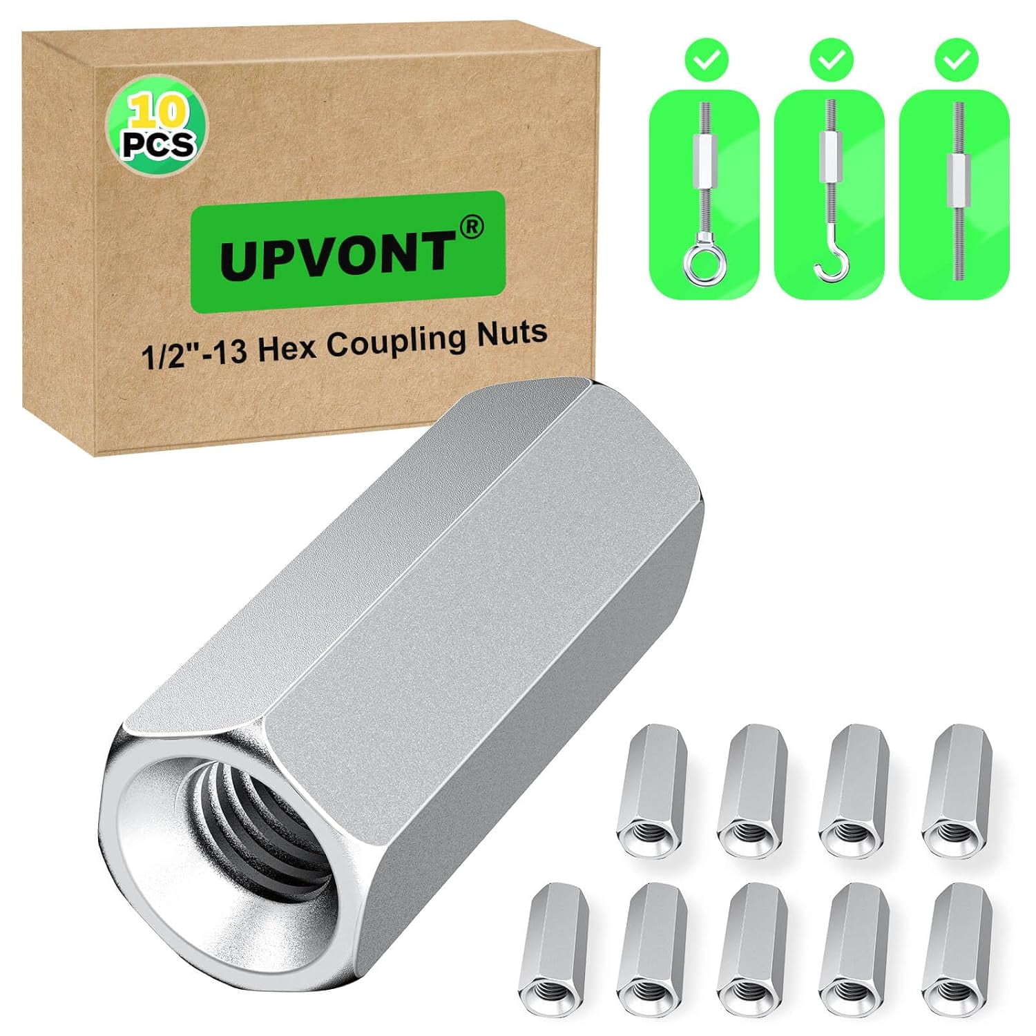 Hex Coupling Nuts, Rod Coupling Nuts 1/2"-13 UNC, 1-3/4" Length (10 PCS), Ideal for Threaded Rods & Studs, 1.75-Inch Length with Zinc Plating (10)