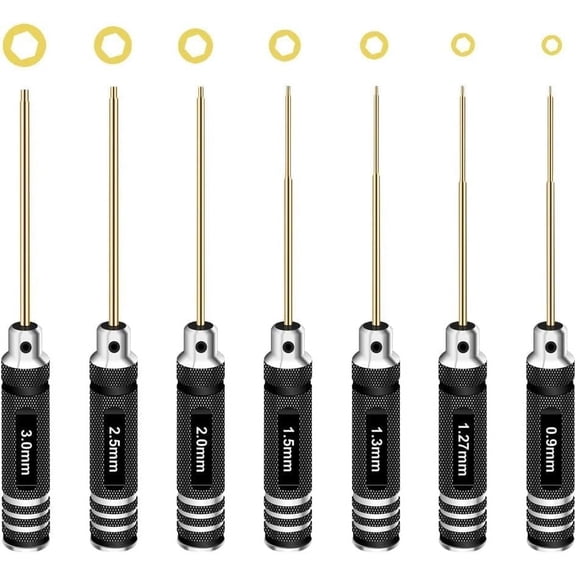 Hex Driver Set Hex Allen Screwdriver Kit 0.9mm 1.27mm 1.3mm 1.5mm 2.0mm 2.5mm 3.0mm Allen Wrench Set Titanium Hexagon Screwdriver RC Tools Kit for RC Car Drone Multi-Axis Helicopter Models(7pcs)