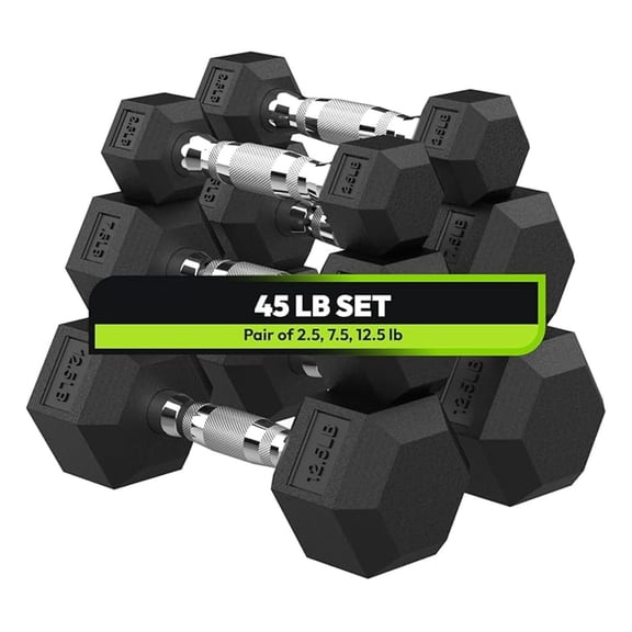 Hex Dumbbell 45-480 lb Set, Rubber Encased Exercise & Fitness Dumbbells for Home Gym, Hand Weights for Strength Training