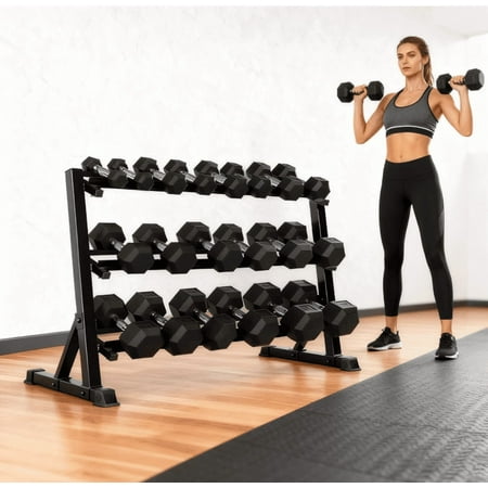 Hex Dumbbell Set with Rack - 350 lbs Total, 10-50 lbs Rubber Coated Hand Weights for Home Gym, Strength Training Fitness Equipment for Men & Women, Non-Roll Design