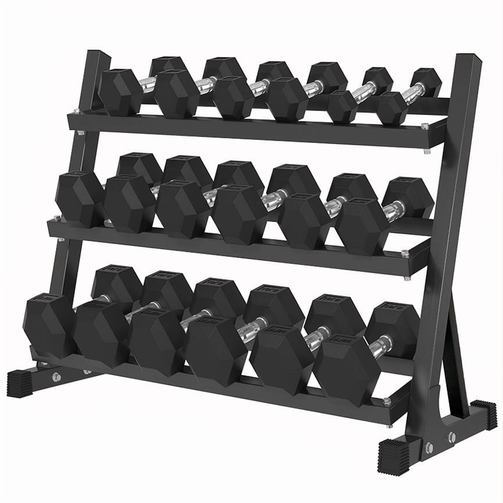 Hex Dumbbell Set with Rack - 450 lbs Total, 5-45 lbs Rubber Coated Hand Weights for Home Gym, Strength Training Fitness Equipment for Men & Women, Non-Roll Design