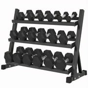 Hex Dumbbell Set with Rack - 450 lbs Total, 5-45 lbs Rubber Coated Hand Weights for Home Gym, Strength Training Fitness Equipment for Men & Women, Non-Roll Design