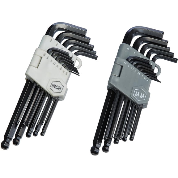 Hex Key Allen Wrench, Long Arm, Ball End, Metric and Standard Sizes, Chrome Vanadium Steel, 26-Piece with Storage Case