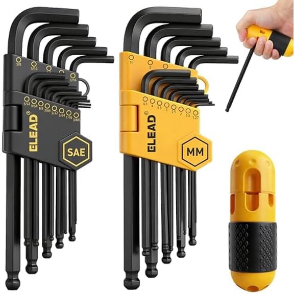 Hex Key Allen Wrench Set: 27-Piece Premium MM(1.27mm-10mm) & SAE(3/64"-3/8) Allen Key Set with Grip Handle, Long and Short Arm with Ball End, Organized Storage$$Tools & Hardware Other