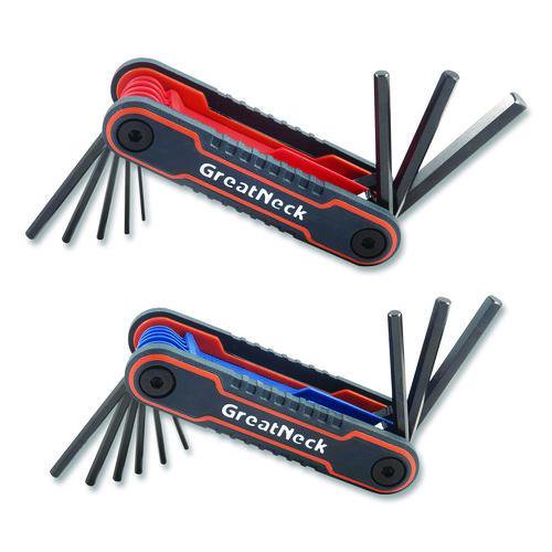 Hex Key Fold-Up Tool Set, Two-Piece, Metric/SAE, Black-Oxide/Blue (SAE), Black-Oxide/Red (Metric) | Bundle of 5