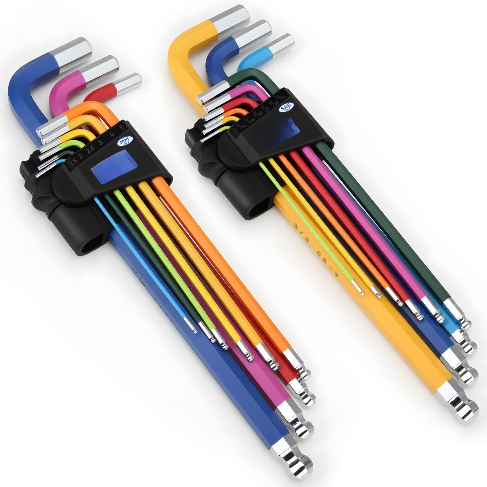 Hex Key Set  18 Metric & Sae Size Extra Long Arm Allen Wrench With Ball End Color Coding Design 1.5-10 Mm 1/16-3/8 Inch For Bicycle Household Diy Chrome Vanadium Steel