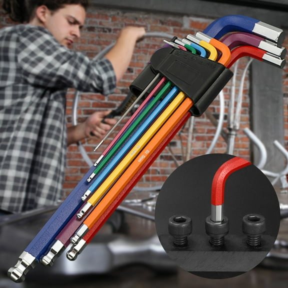 Hex Key Set 9PCS Metric Allen Wrenches, 1.5-10mm Ball End, Color Coded, Vanadium Alloy Steel, Long Arm, for Mechanical Equipment, Vehicles, Electronics, Repairs