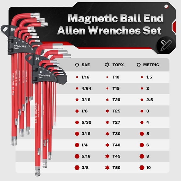 Hex Key Set Magnetic Ball End S2 Steel With T-Handle Hex Key Allen Wrench Set SAE(1/16"-3/8") Metric(1.5mm-10mm) TORX(T10-T50)