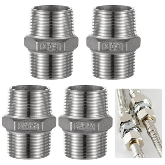 Hex Nipple 3/4" Male x 3/4" Male Pipe Fittings, 4 Pcs 3/4" NPT Male Threaded Pipe Fittings, 304 Stainless Steel NPT Male Pipe Adapters for Water, Gas, Fuel Pipelines