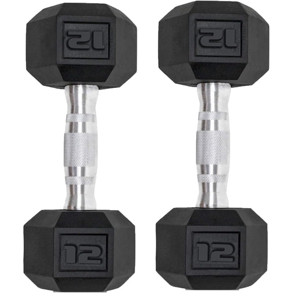 Hex Rubber Encased Dumbbells Set of 2, 12 lb Pair with Metal Handle for Home Gym Exercise