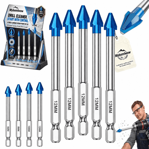 Hex Shank Carbide Eccentric Drill Bit for Ceramic Tile Glass Concrete Hole, Carbide Tipped Masonry Drill Bits for Porcelain, Cement, Stone, Marble, Granite, 4 Sizes for Repair & Installation