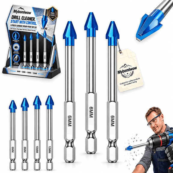 Hex Shank Carbide Eccentric Drill Bit for Ceramic Tile Glass Concrete Hole, Carbide Tipped Masonry Drill Bits for Porcelain, Cement, Stone, Marble, Granite, 4 Sizes for Repair & Installation
