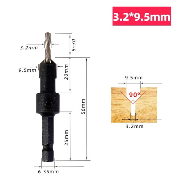 Hex Shank Countersink Drill Bit for Woodworking, Adjustable Stop Collar Step Pilot Hole Cutter, 1/4" Quick Change Alloy Steel Tool(3.25×9.5mm)