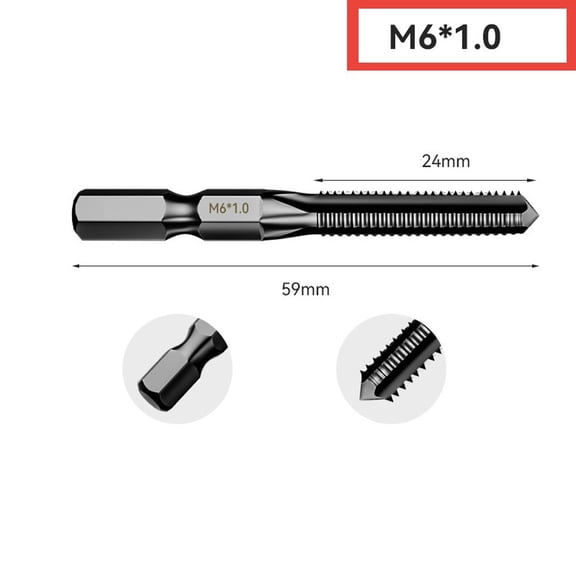 Hex Shank HSS Metric Tap Set (M2.5–M12) for Manual & Machine Tapping, Straight-Flute Thread Cutting Tool for Aluminum, Plastic, Wood – Black Oxide Coated(6mm)