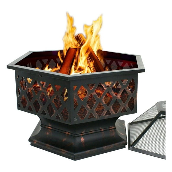 Hex Shaped Fire Pit Wood Burning Fireplace Firepit Bowl with Spark Screen Cover Patio Backyard Heater Steel 24"