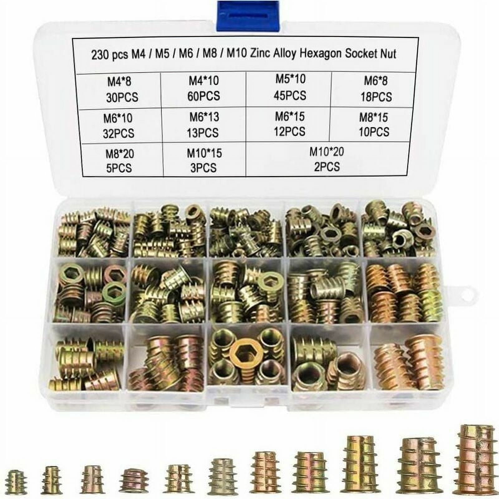 Hex Socket Drive Threaded Nut Inserts for Wood Furniture, Zinc Alloy Furniture Screw-in Nut Fastener Connector, 230PCS Assorted Sizes M4 to M10, High Quality Materials, Smooth Nut