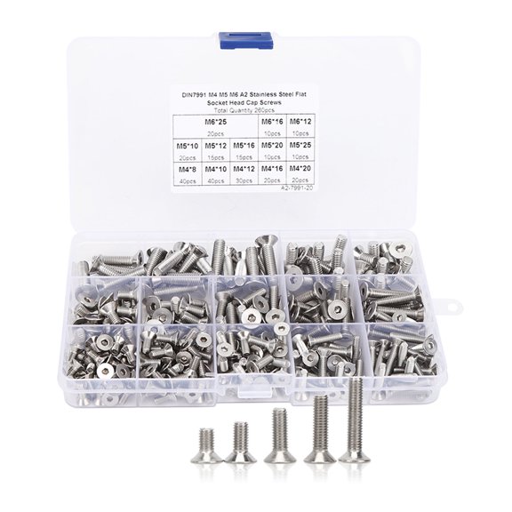 Hex Socket Flat Head Screw Set, 260Pcs Flat Screw Set M4/M5/M6 Hex Socket Stainless Steel 304 for Electronics Industry with Storage Box