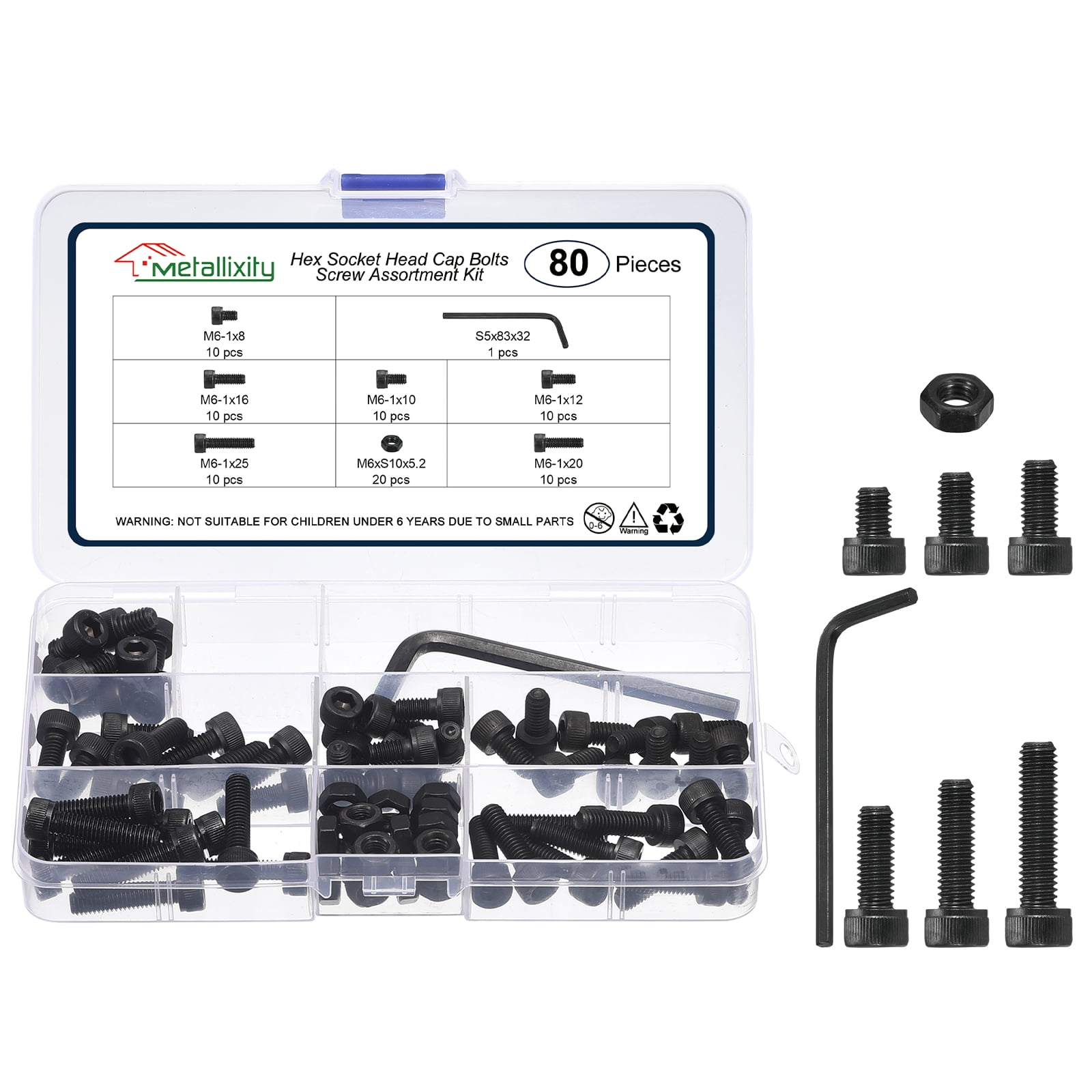 Hex Socket Head Screws Kit (M6x8/10/12/16/20/25mm) 80Pcs, Bolts and Nuts Assortment Kit