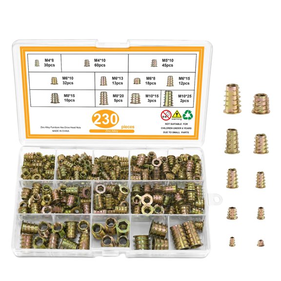 Hex Socket Wood Threaded Inserts 230Pcs,M4/M5/M6/M8/M10 Furniture Fasteners