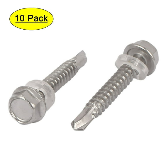 Hex Washer Head Self Drilling Screw Bolt Silver Tone M6.3x38mm #14 Thread 10pcs