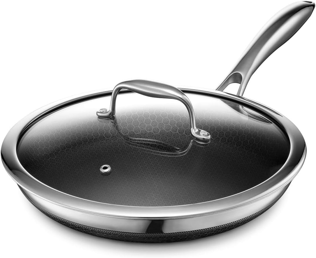 HexClad 10 inch Hybrid Stainless Steel Frying Pan with Glass Lid, Nonstick