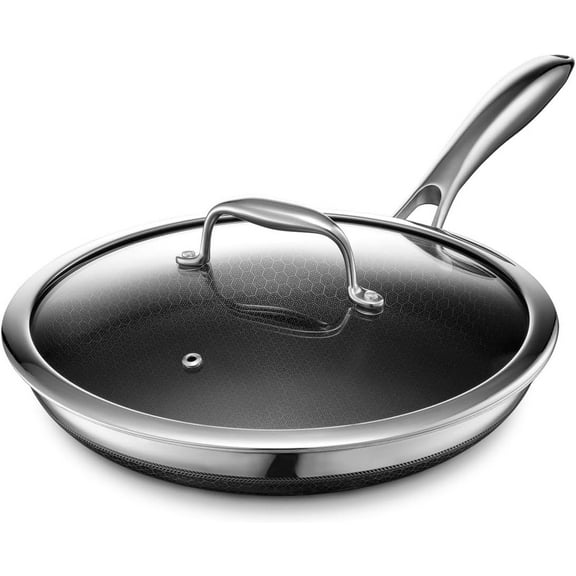 HexClad 10 inch Hybrid Stainless Steel Frying Pan with Glass Lid, Nonstick