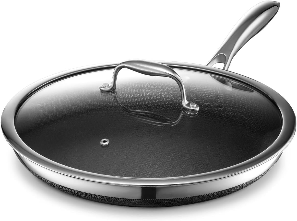 HexClad 12 inch Hybrid Stainless Steel Frying Pan with Glass Lid, Nonstick  