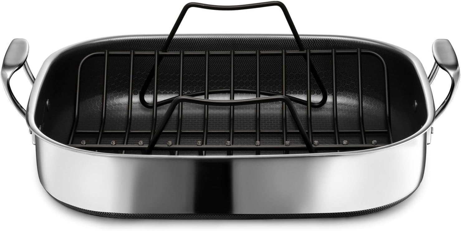 HexClad 16 13/16 Inch by 14 1/2 Inch Hybrid Stainless Steel Roasting Pan,  Nonstick