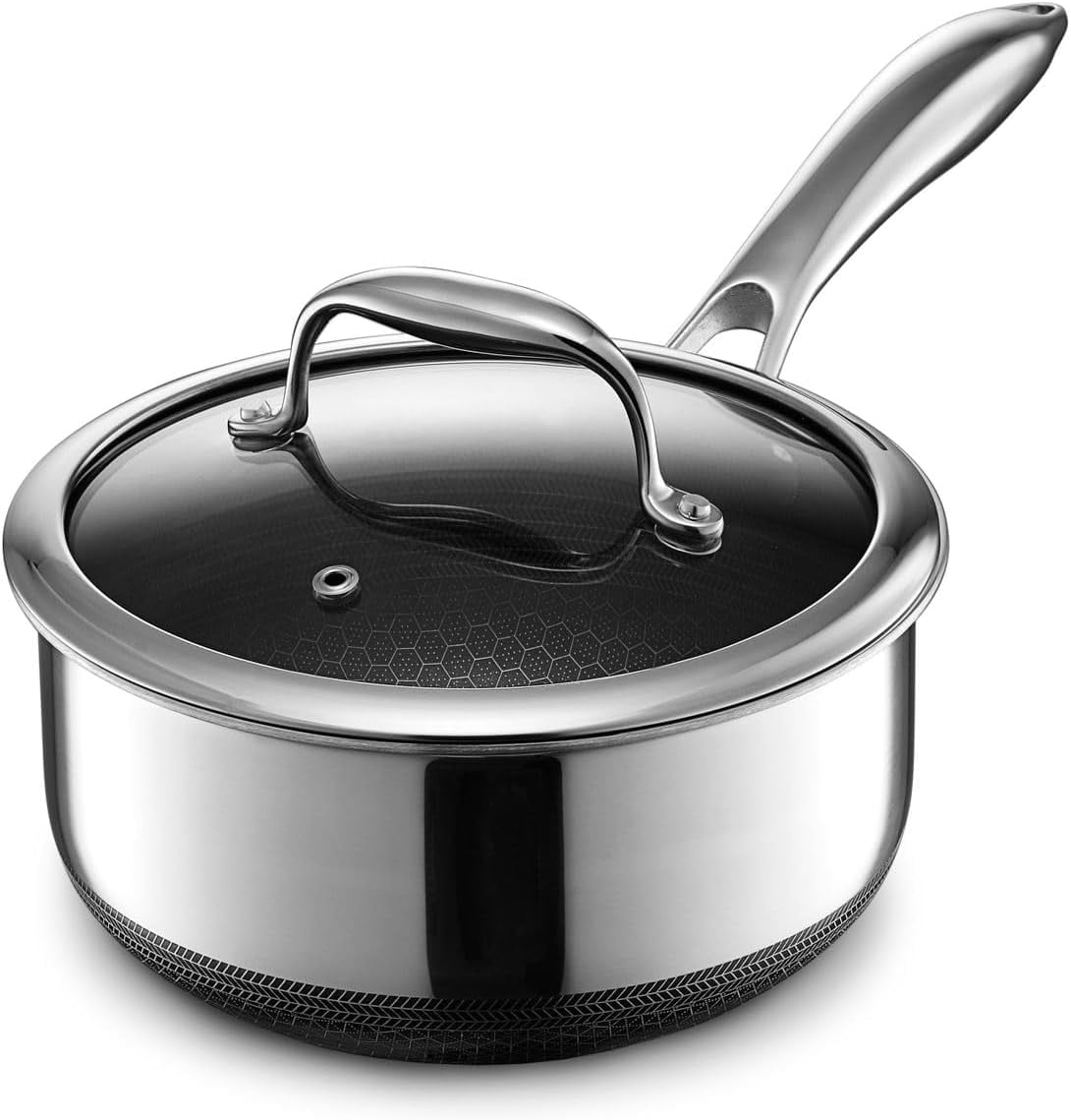 HexClad 2 Quart Hybrid Stainless Steel Pot Saucepan with Glass Lid, Nonstick