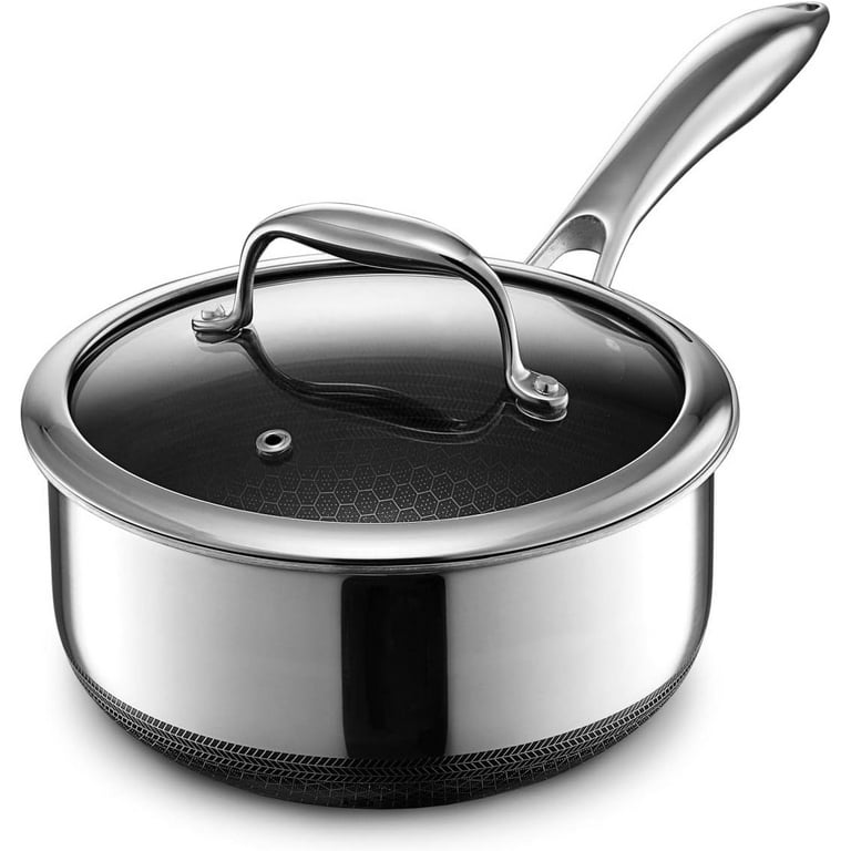 HexClad Nonstick 2 Quart Hybrid Pot Saucepan with Glass Lid, Black