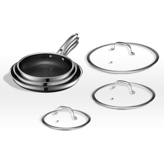 HexClad 6 Piece Hybrid Stainless Steel Cookware Pan Set 8", 10", 12" with Glass Lids