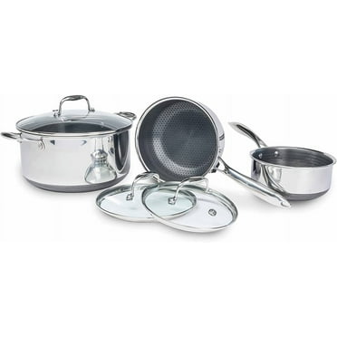 HexClad 6 Piece Hybrid Stainless Steel Cookware Pot Set 2 3 and 8 Qt with 3 Matching Glass Lids Stay Cool Handle Non-Stick PFOA Free Dishwasher Oven Safe Works on Induction and Ga