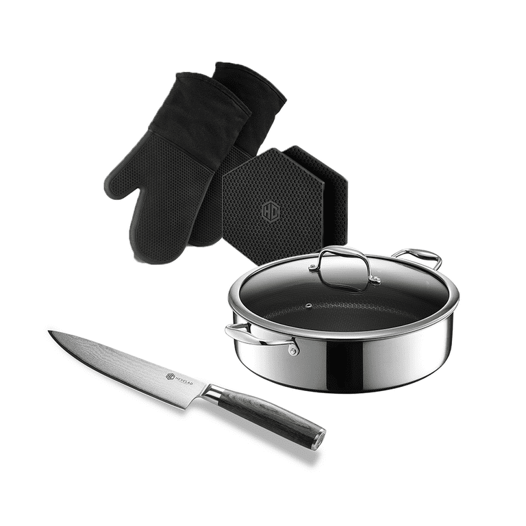 HexClad 7-Piece Bundle Starter Set, 7-Quart Saute Pan, 8-Inch Chef's Knife,  Mitts and Trivets Set 