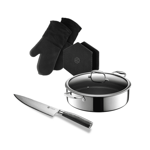HexClad 7-Piece Bundle Starter Set, 7-Quart Saute Pan, 8-Inch Chef's Knife, Mitts and Trivets Set