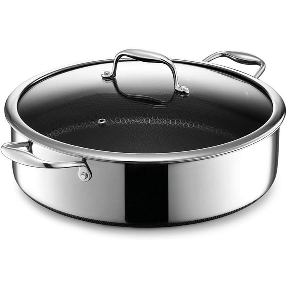 HexClad 7 Quart Hybrid Stainless Steel Deep Sauté Pan Fryer with Glass Lid, Nonstick