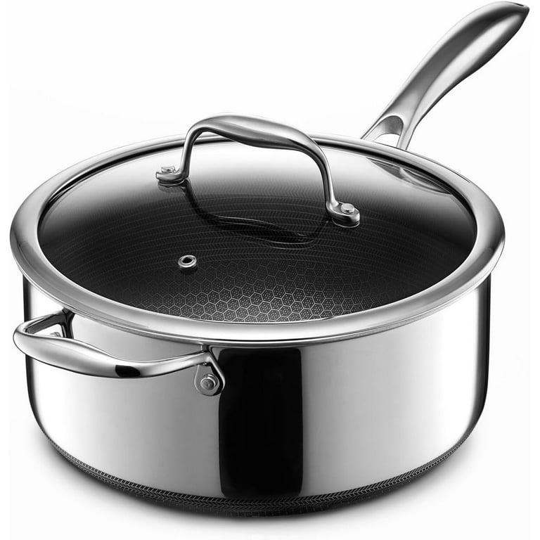 HexClad Cookware 5-Quart Hybrid Stainless Steel Saucepan and Glass Lid-  Stay-Cool Handle, Nonstick, Ideal for Making Sauces, Gravy, Soups, Stocks  and Cooking Grains 