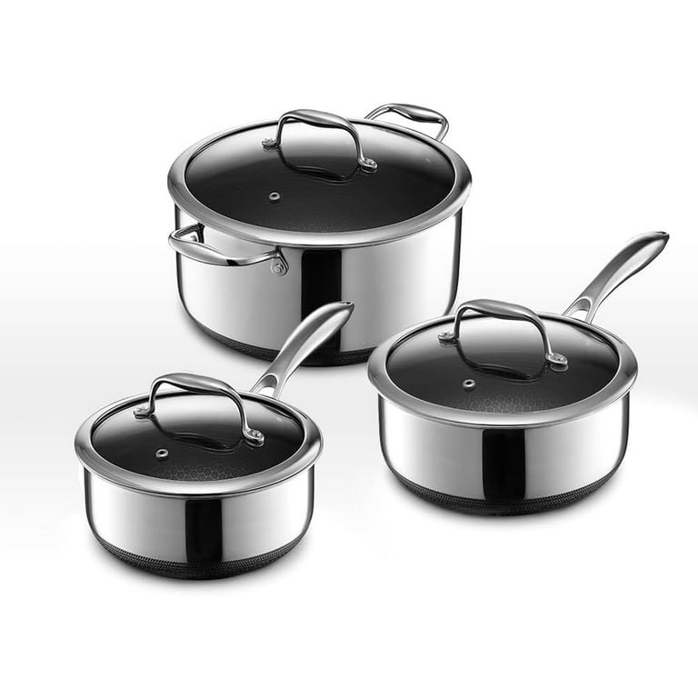 HexClad Hybrid Cookware 6 Piece Pot Set - 2, 3, and 8 Qt Saucepans with  Glass Lids