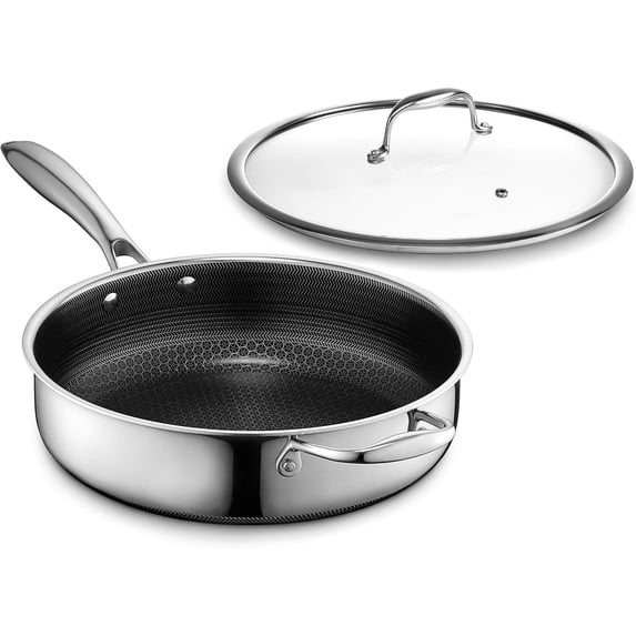 HexClad Hybrid Nonstick 3.3-Quart Deep Sauté Pan with Tempered Glass Lid, Stay-Cool Handle, Dishwasher-Friendly, Oven-Safe Up to 900°F, Induction Ready, Compatible All Cooktops