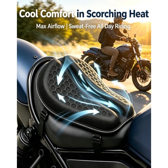 HexRider Motorcycle Seat Cushion, Honeycomb Hexagonal TPE Pressure Relief Pad, Non-Slip Cooling Airflow Design for Long-Distance Riding Comfort