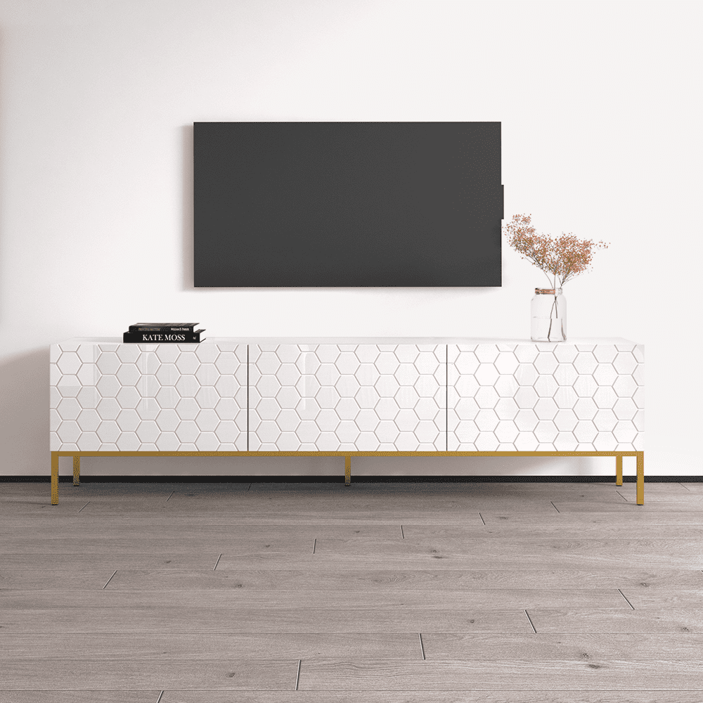 Hexa 01 TV Stand for TVs up to 85", Mid-Century Modern High Gloss 75" Entertainment Center, TV Media Console with Storage Cabinets