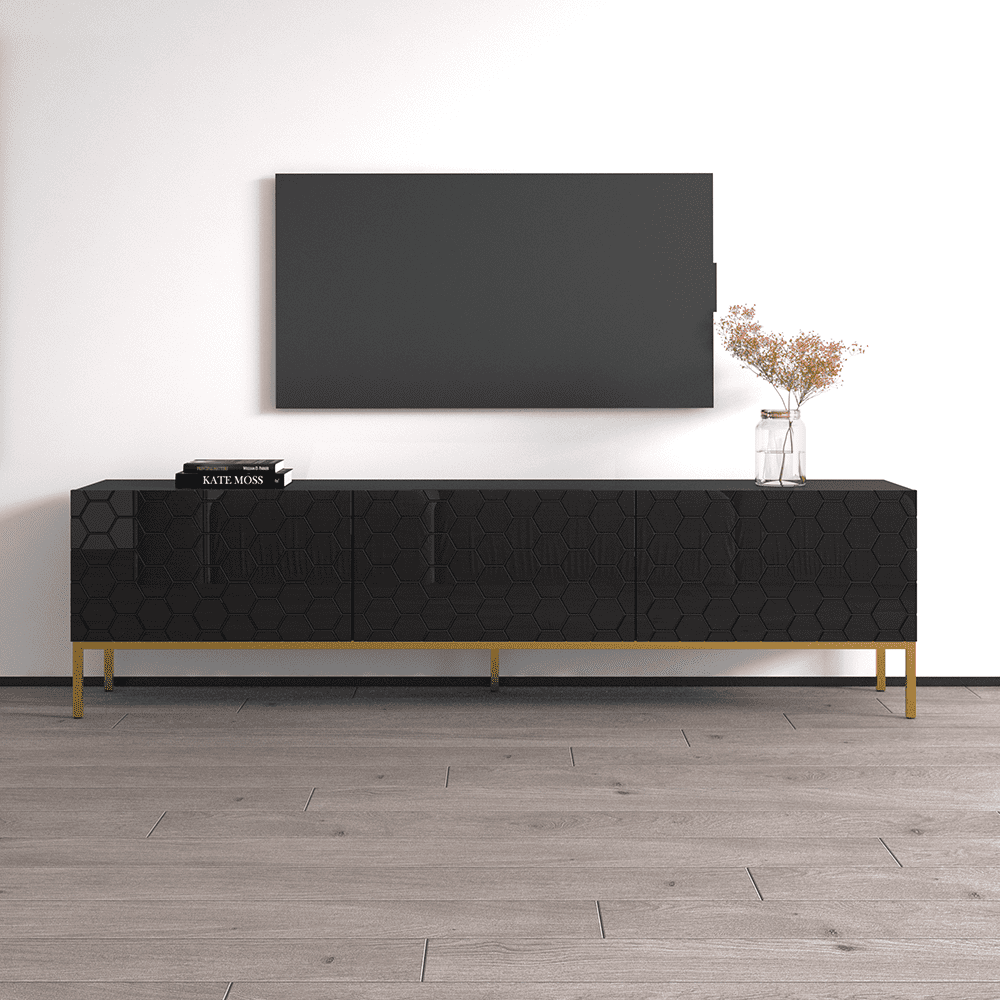 Hexa 01 TV Stand for TVs up to 85", Mid-Century Modern High Gloss 75" Entertainment Center, TV Media Console with Storage Cabinets
