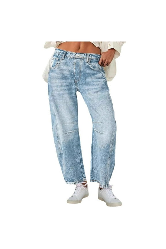 Women's Mid - Rise Barrel Wide - Leg Cropped Denim Jeans with Pockets