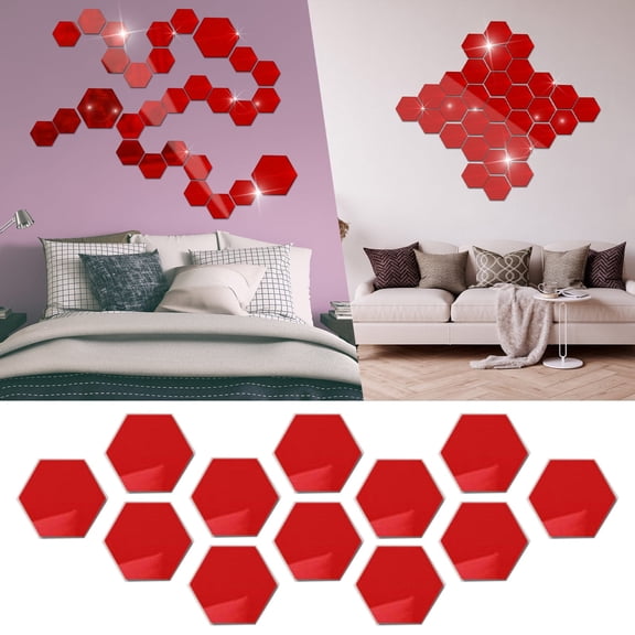 Hexagon Acrylic Mirror DIY Wall Sticker 3D Stereo Home Decor With Adhesive/ Hexagonal acrylic mirror DIY wall stickers 8cm 12 pieces red