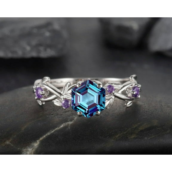 Hexagon Alexandrite Ring Vintage Twig Leaf Amethyst Engagement Promise Ring Unique White Gold June Birthstone Wedding Ring Gift for Women
