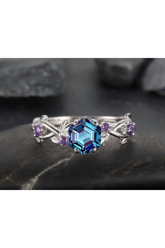 Hexagon Alexandrite Ring Vintage Twig Leaf Amethyst Engagement Promise Ring Unique White Gold June Birthstone Wedding Ring Gift for Women