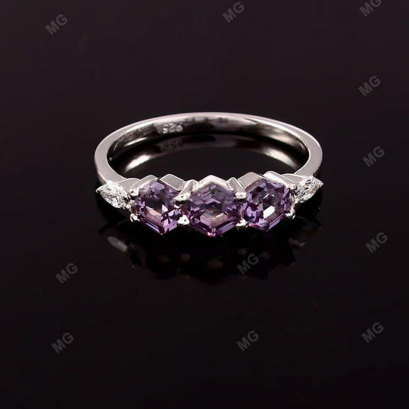 Hexagon Alexandrite Wedding Band Vintage Unique Silver Hexagon Cut Wedding Band Woman Band Matching Promise Anniversary Ring For Her Jewelry