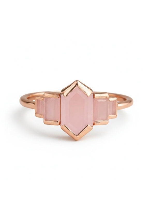 Hexagon & Baguette Cut Rose Quartz Engagement Ring, Half Bezel Set Five Gemstone Ring, Promise Ring, Handmade Jewelry, Pink Gemstone Ring,
